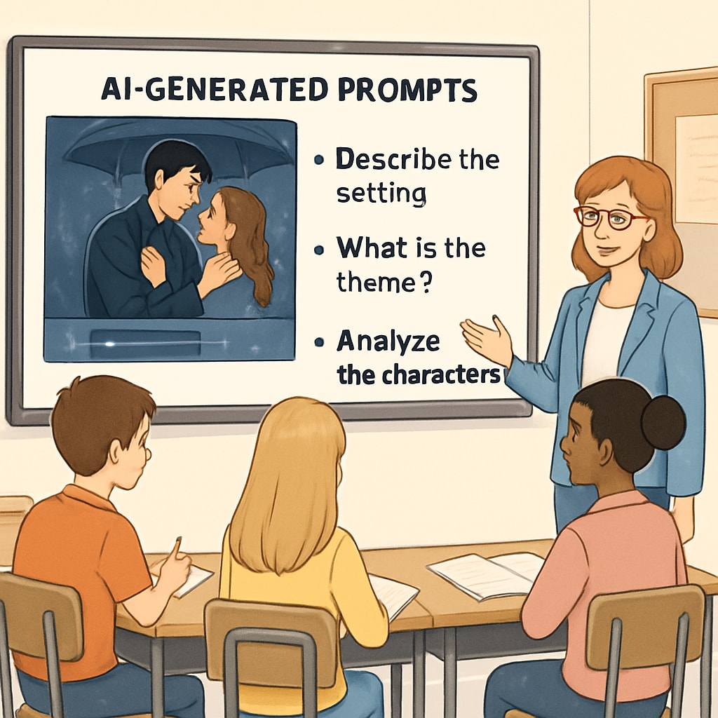 A classroom setting where students are analyzing a film scene with AI-generated prompts displayed on a digital board. Students analyzing media content with AI writing prompts and educational tools.