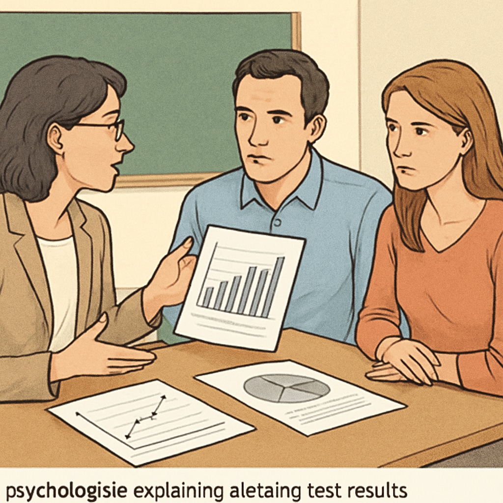 A psychologist explaining test results to parents using charts and graphs. This image represents the interpretation and application of test outcomes. Psychologist discussing gifted child test results with parents