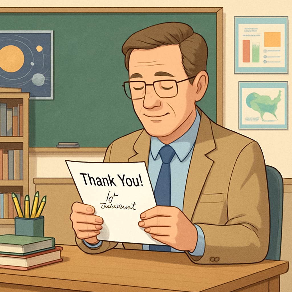 Teacher reading a thank-you letter, highlighting student gratitude, teacher influence, and teacher-student relationships.