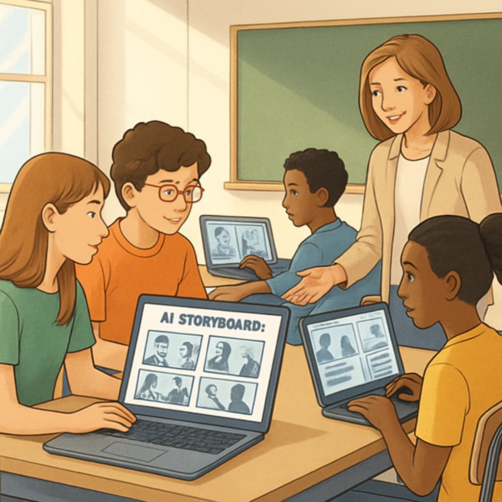 Students using an AI-powered storyboard tool to create a short film on laptops in a collaborative classroom environment. Students collaborating on a visual storytelling project with AI storyboard tools.
