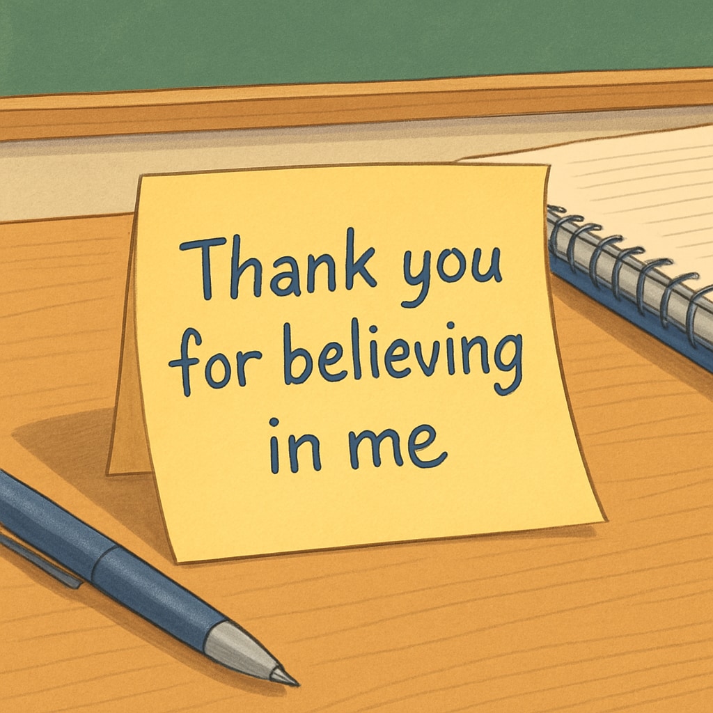 Sticky note expressing student gratitude to a teacher for their impactful support.