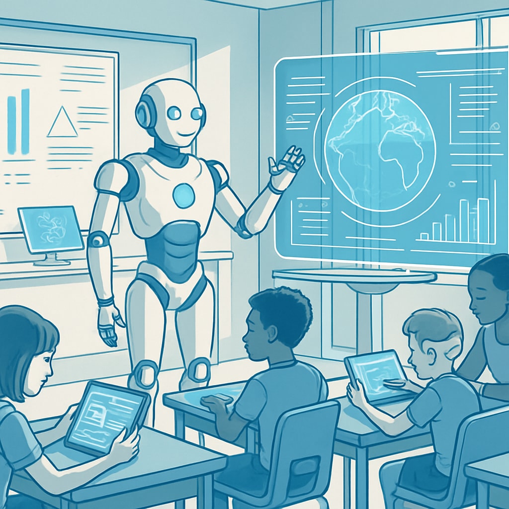 AI-powered teaching tools in a futuristic K12 classroom setting.