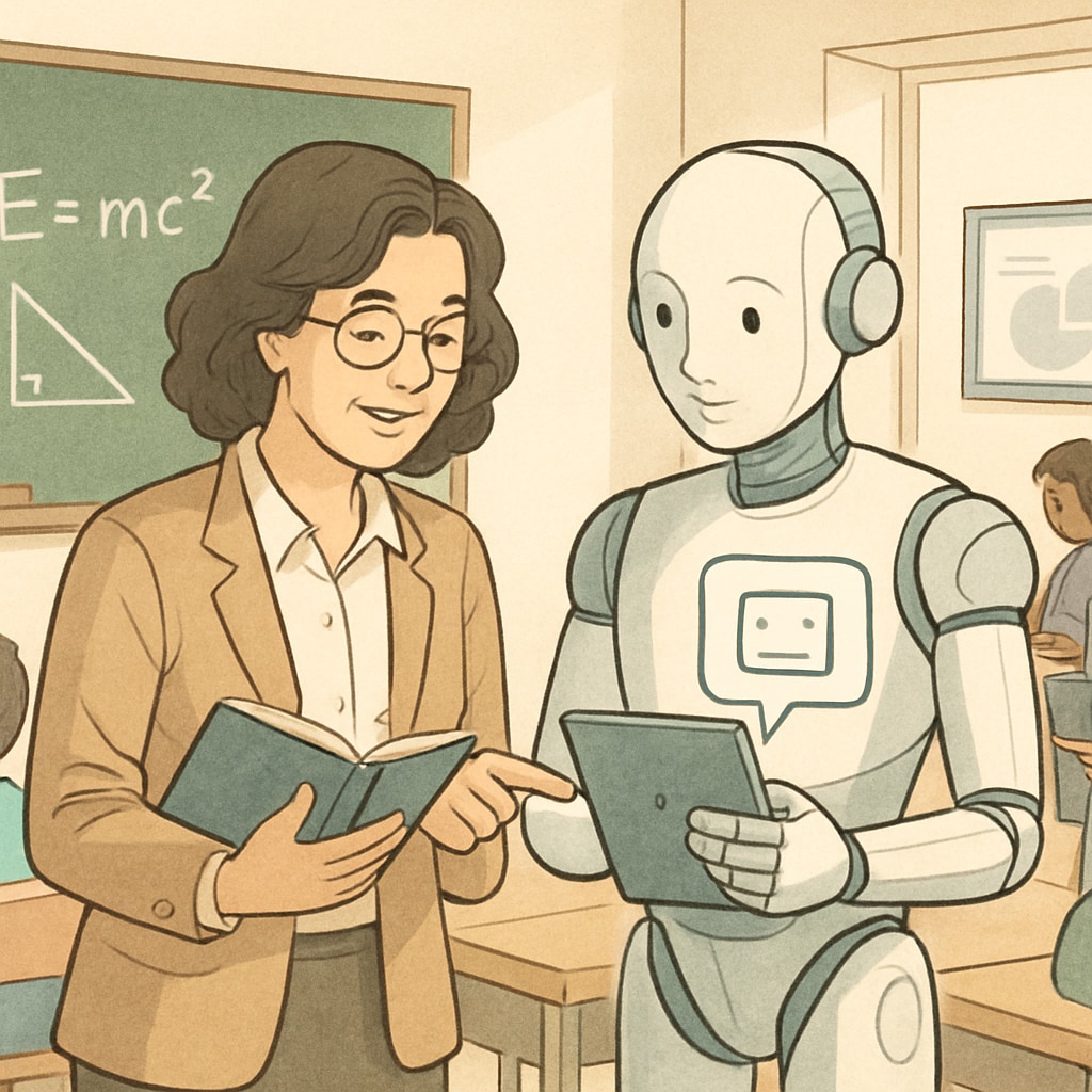 A teacher and AI assistant collaborating in a modern classroom.