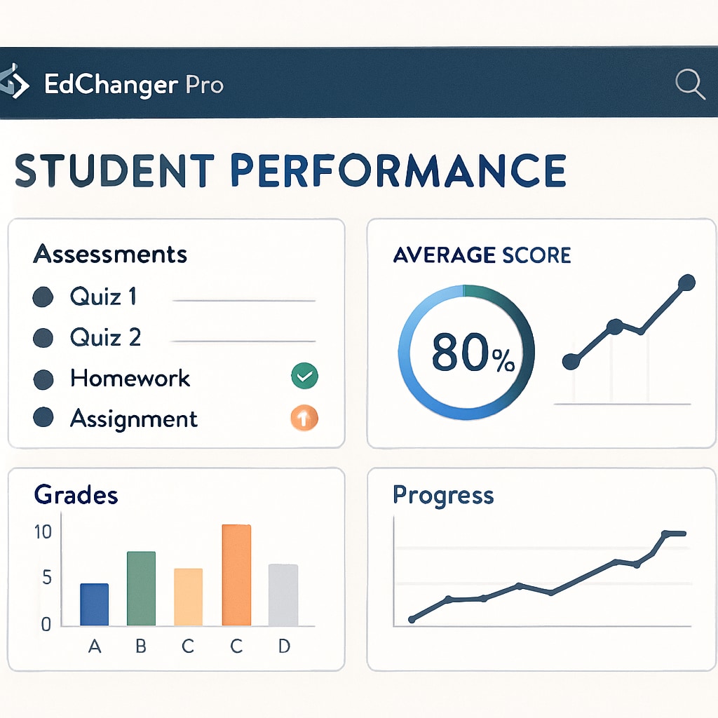 An illustration of a student performance analytics dashboard on EdChanger Pro, showcasing assessment tools and progress tracking. Student performance analytics dashboard on EdChanger Pro