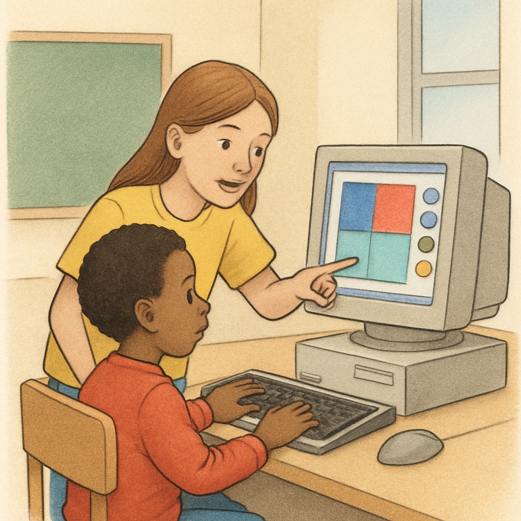 A fourth-grader guiding a kindergartener in using a computer program, symbolizing cross-age collaboration. A fourth-grader helping a kindergartener during a buddy computer activity.