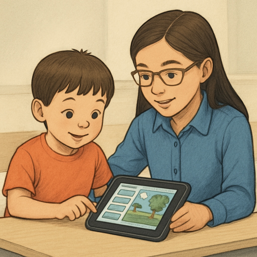 A kindergarten student and a fourth-grader working together on a digital storytelling app, showcasing teamwork. A kindergarten and fourth-grade buddy team collaborating on a storytelling tool.