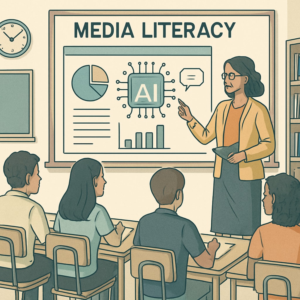 High school teacher using AI tools for media literacy lessons.