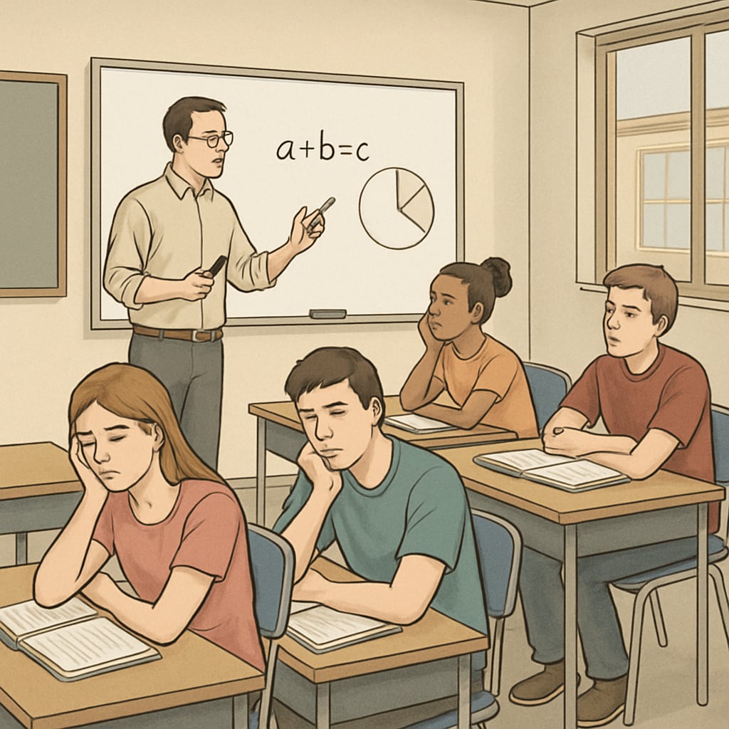 Students bored in a classroom due to passive learning methods in K12 education.
