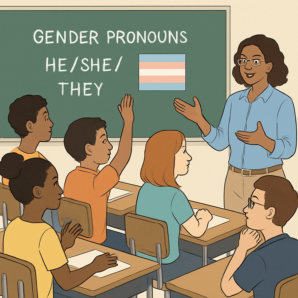 Students and teacher discussing gender inclusivity in a classroom.