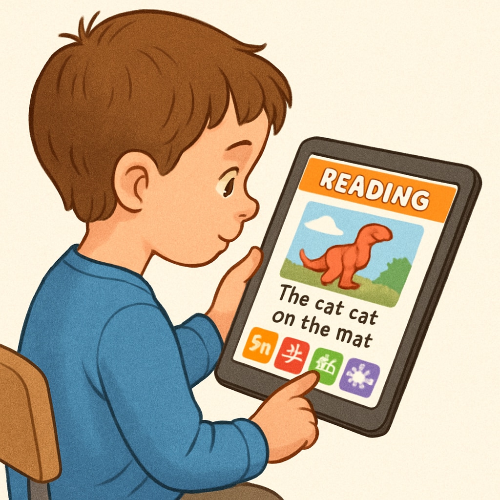 A child exploring a children's reading app on an Android tablet.