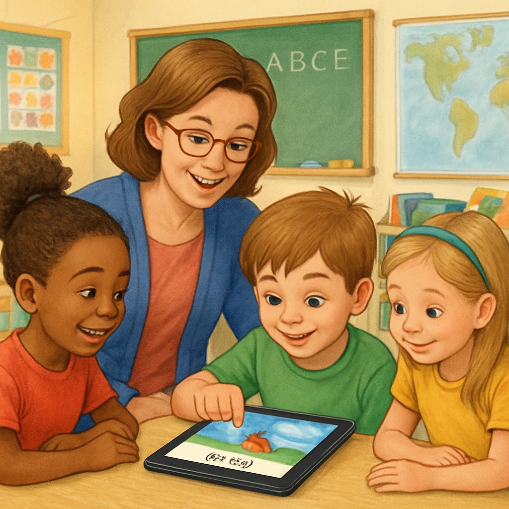 A classroom scene with children and a teacher using a reading app on an Android device.