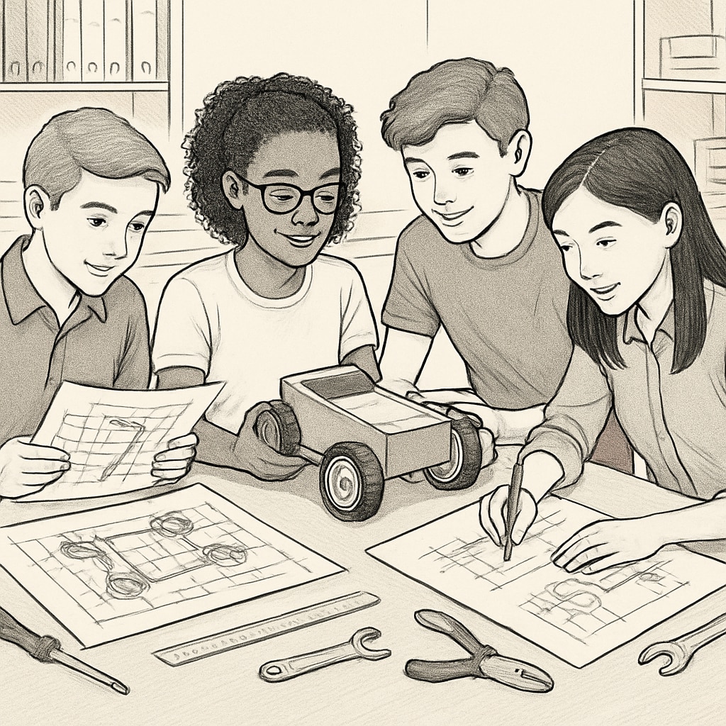 High school students engaged in a STEM engineering project, fostering design-thinking skills.