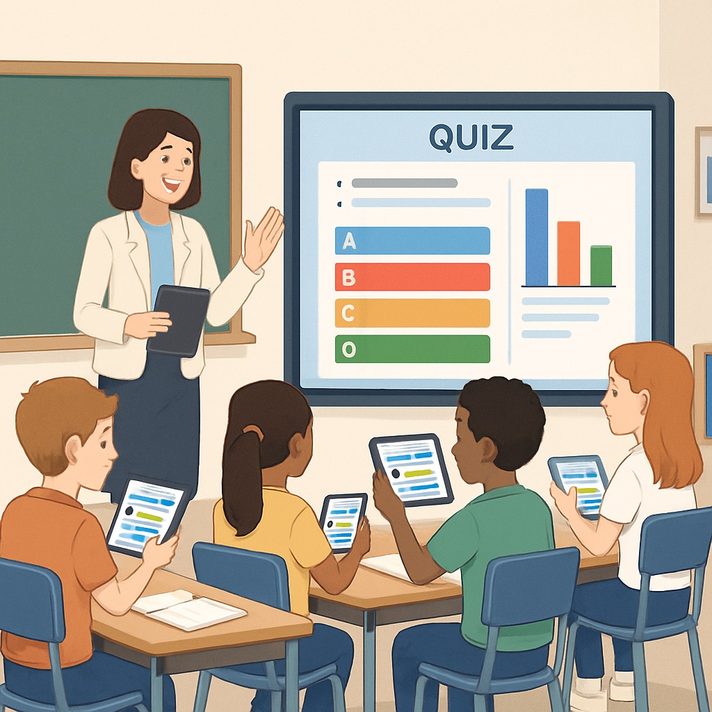 A visually engaging illustration of a teacher and students interacting with a digital quiz platform in a classroom setting. Teacher and students using a digital quiz platform in the classroom.
