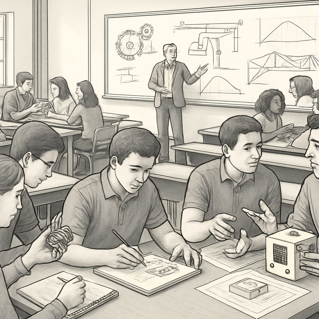 Engineering students in a university lecture hall analyzing design prototypes, highlighting master's degree opportunities.