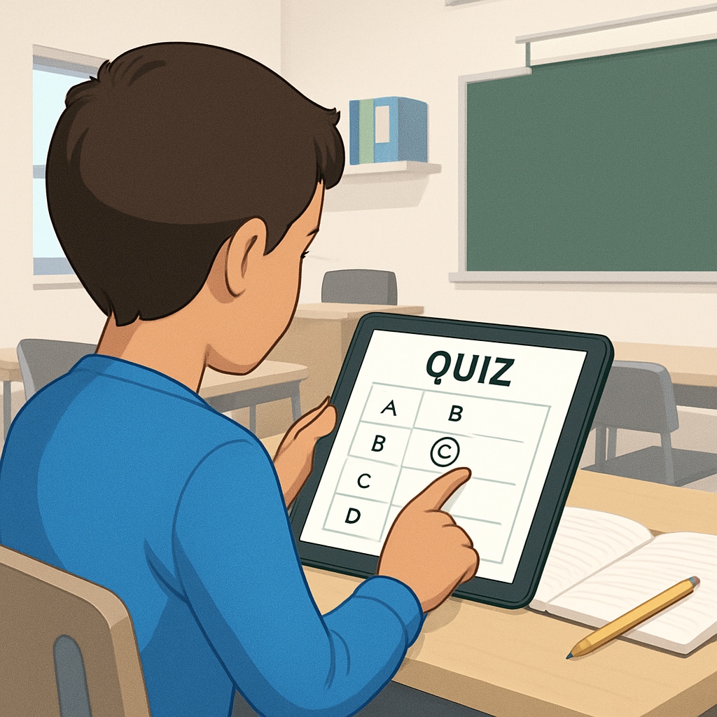 A clear screenshot of a student completing a quiz on a tablet, emphasizing modern educational technology. Student completing a digital quiz on a tablet.
