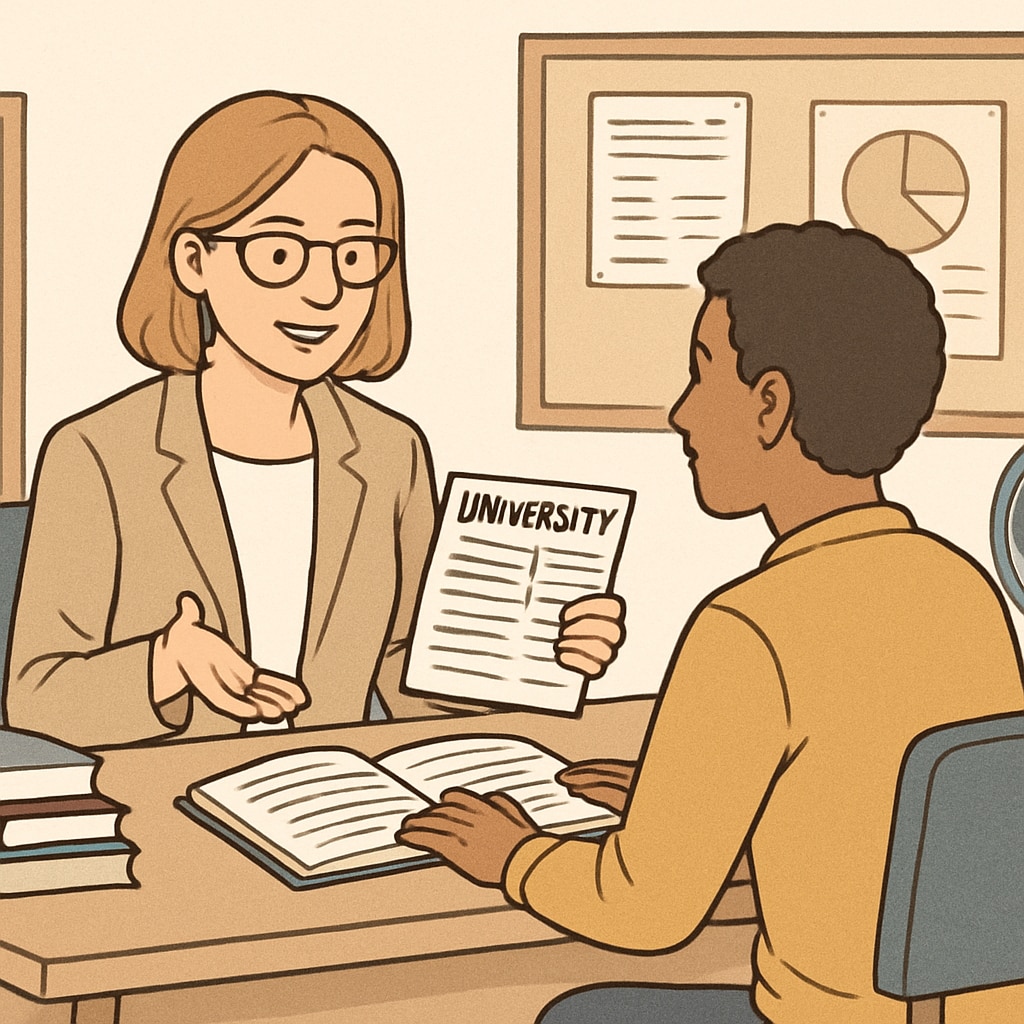 Study abroad agency counselor helping a student with university selection for U.S. master’s programs.
