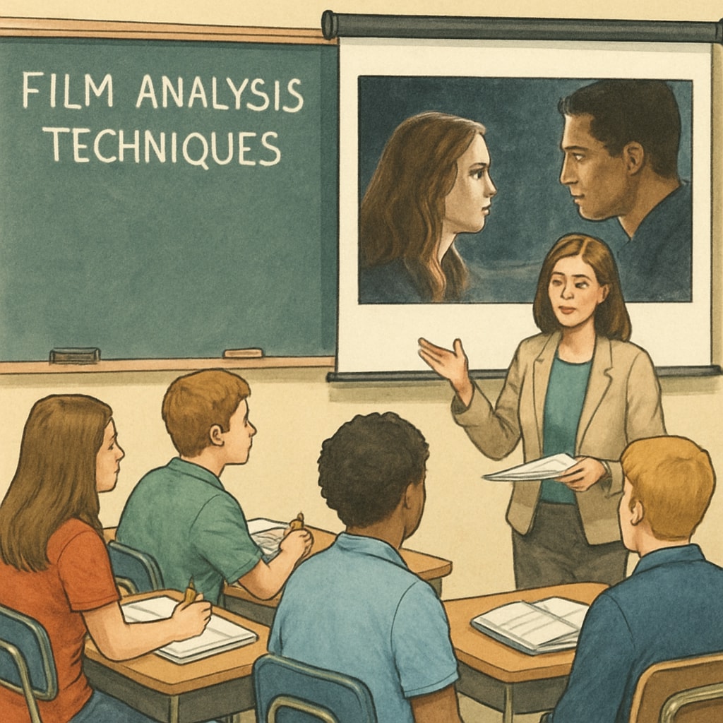 Teacher guiding students in film analysis with a movie scene projection.