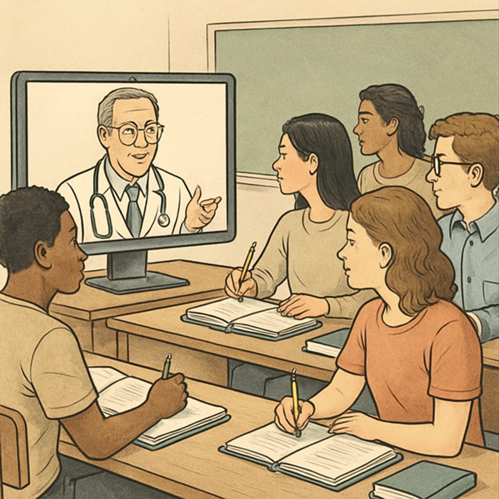Students interacting with a physician during a virtual session about medical careers.