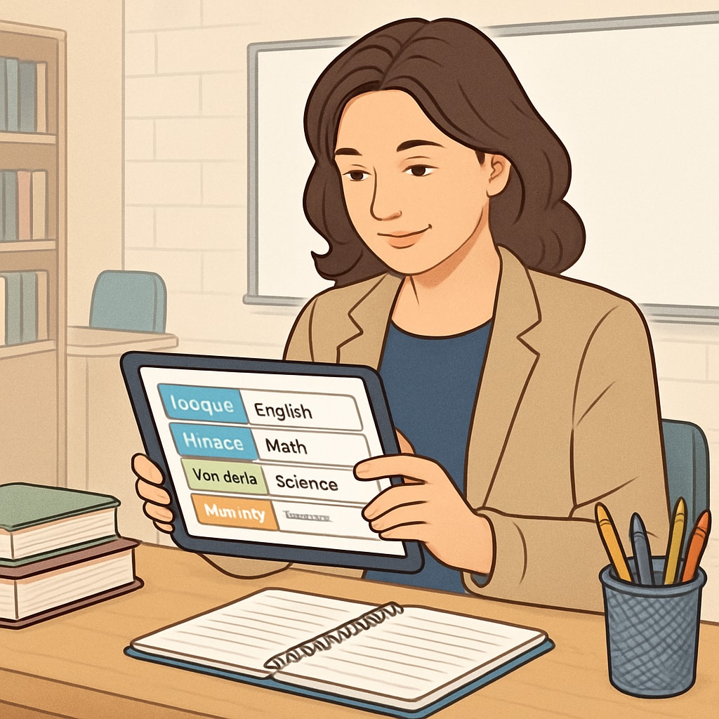 A teacher using a digital tool to streamline lesson planning in a modern classroom. Teacher using EdChanger Pro for efficient lesson planning in a classroom.