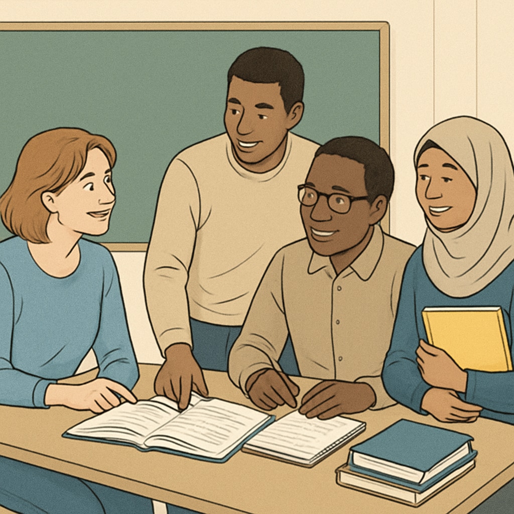 Adult education and cultural adaptation in a classroom setting.