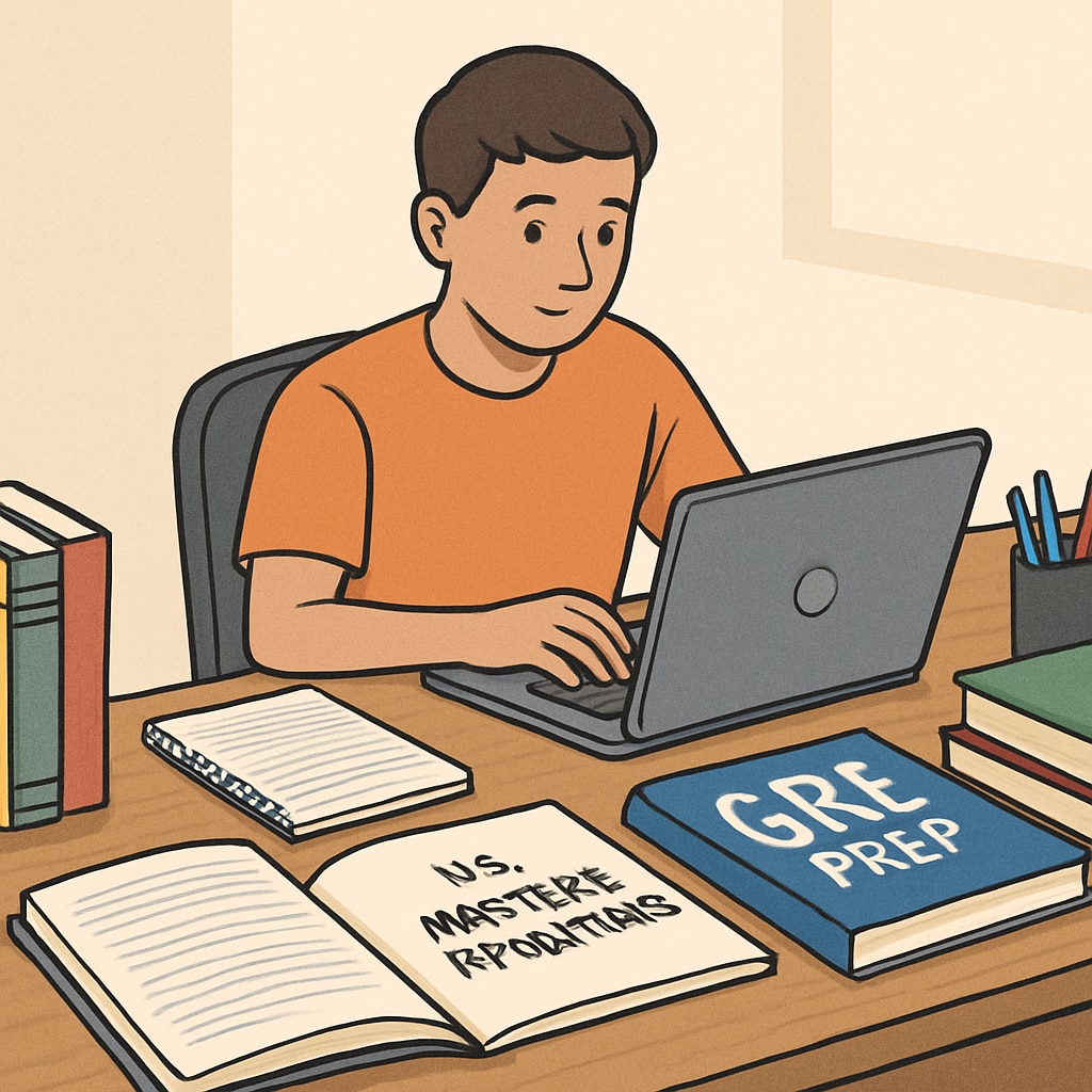 Student preparing for U.S. master’s applications with GRE materials.