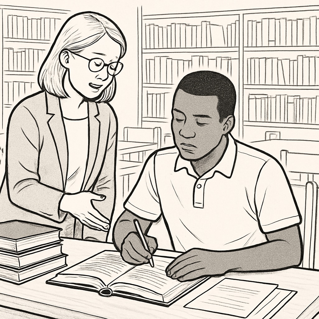 Adult learner receiving mentorship in a library environment.