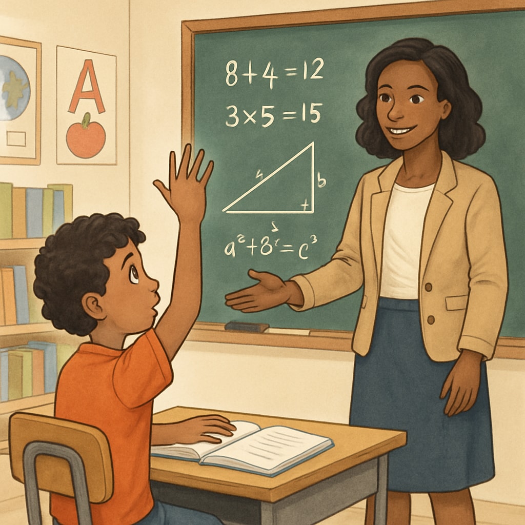 A curious child asking their teacher about the importance of math education in the classroom. A child asking their teacher,