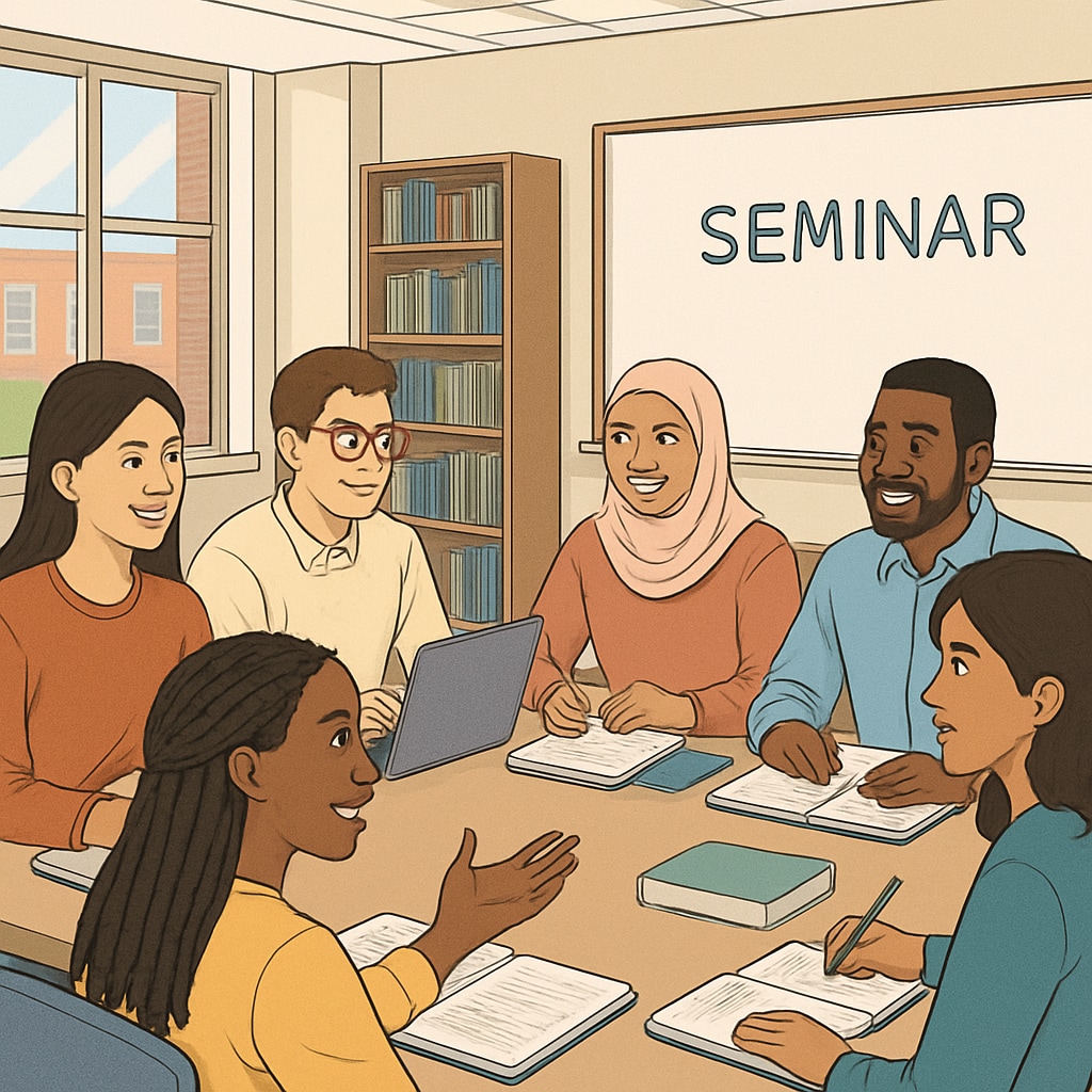 Diverse students at a U.S. university seminar, showcasing international education.