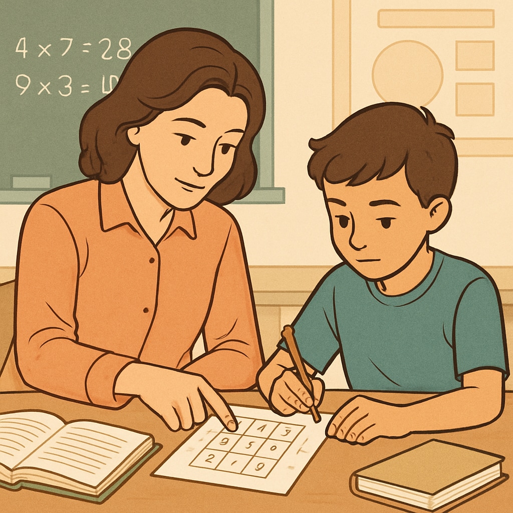 A parent and child working together on a math puzzle, illustrating active learning and engagement. Parent and child solving a math puzzle, showcasing interactive learning and engagement.