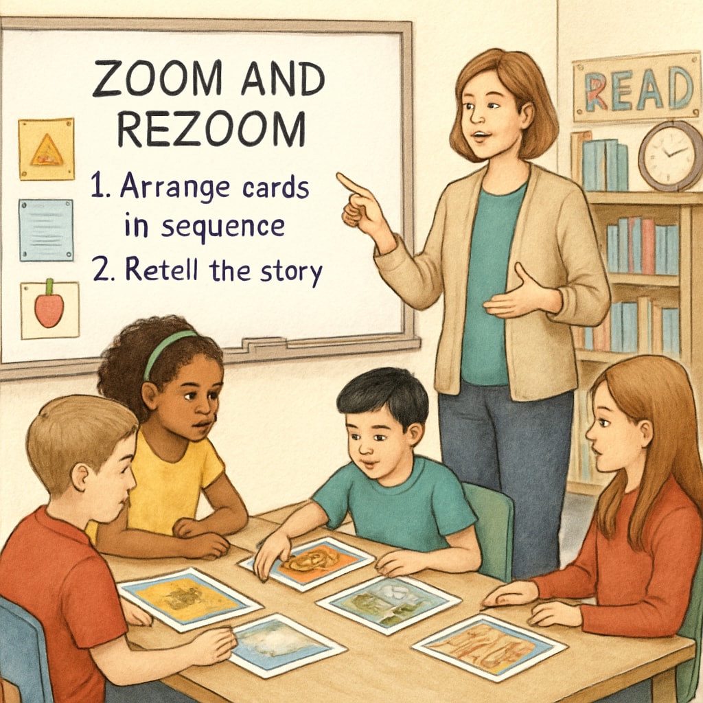 Teacher organizing Zoom and ReZoom activity materials in a classroom