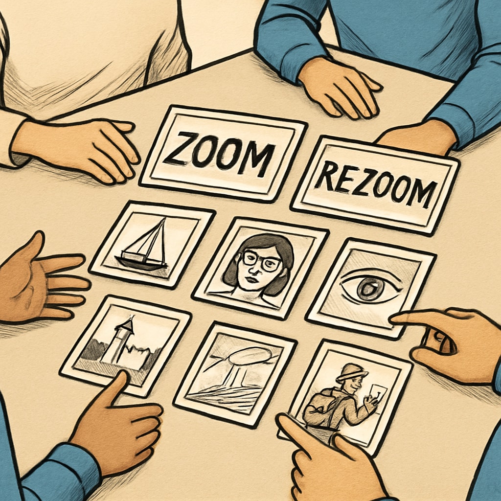 Zoom and ReZoom teaching cards arranged on a desk