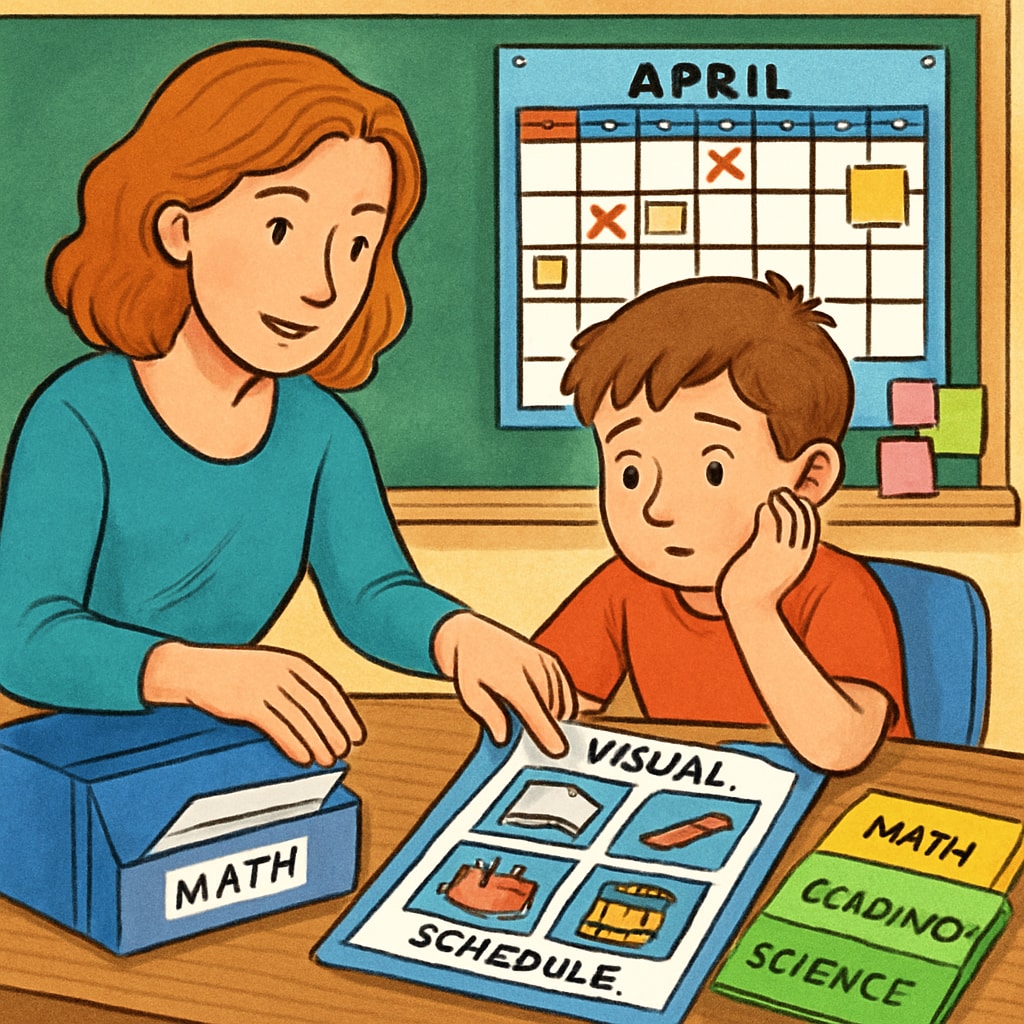 Parent and ADHD child working together on executive function tasks with a visual schedule.