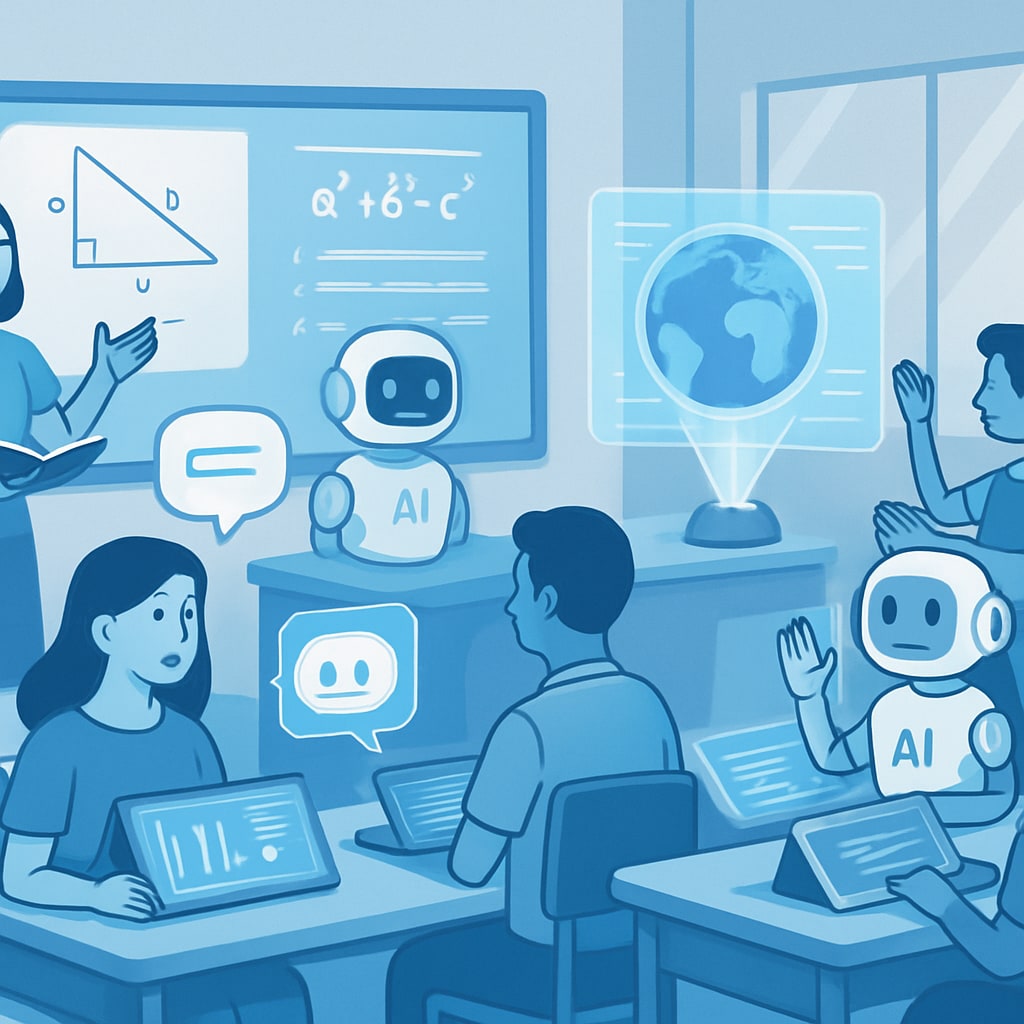 A futuristic classroom setting where AI-powered devices, such as holographic projectors and virtual assistants, are helping students and teachers interact with personalized content. Futuristic classroom with AI devices facilitating learning and teaching