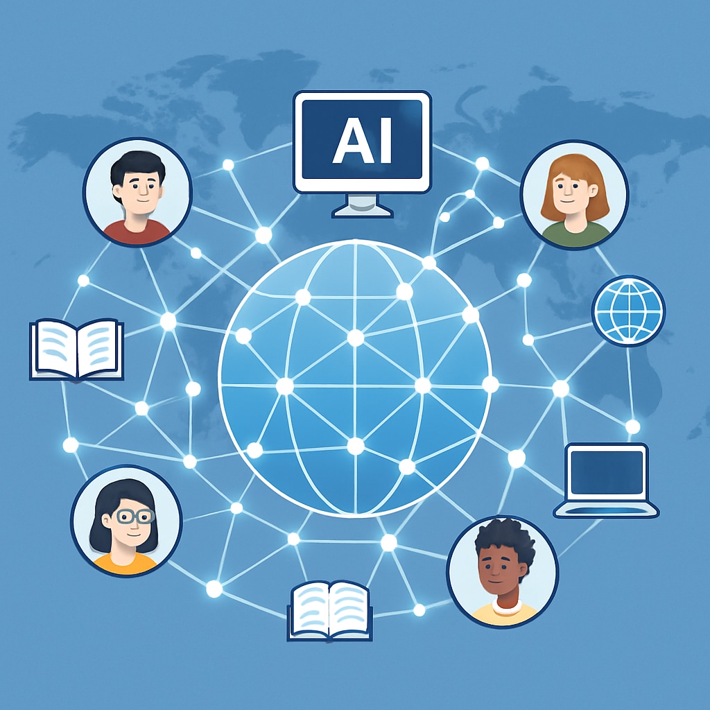 A global network visualization showing students from different countries interacting virtually via AI-powered educational tools, symbolizing worldwide resource sharing. Global network of students connected through AI-driven educational platforms