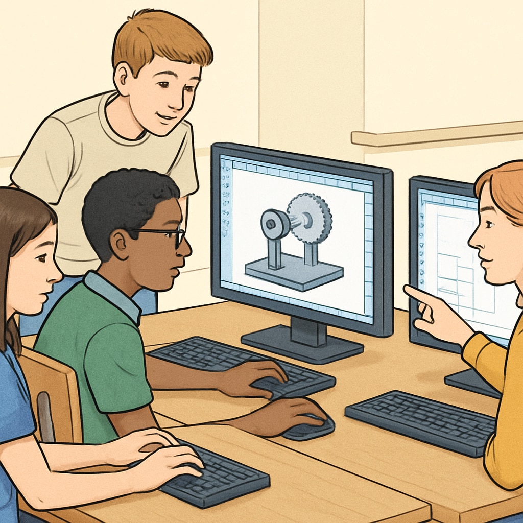 K12 students experimenting with CAD software to create engineering designs.