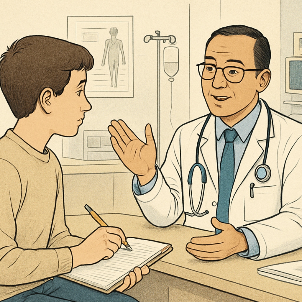 A young student interviewing a doctor in a hospital setting. The doctor is explaining their daily responsibilities while the student takes notes. Student conducting a doctor interview for career planning and medical education.