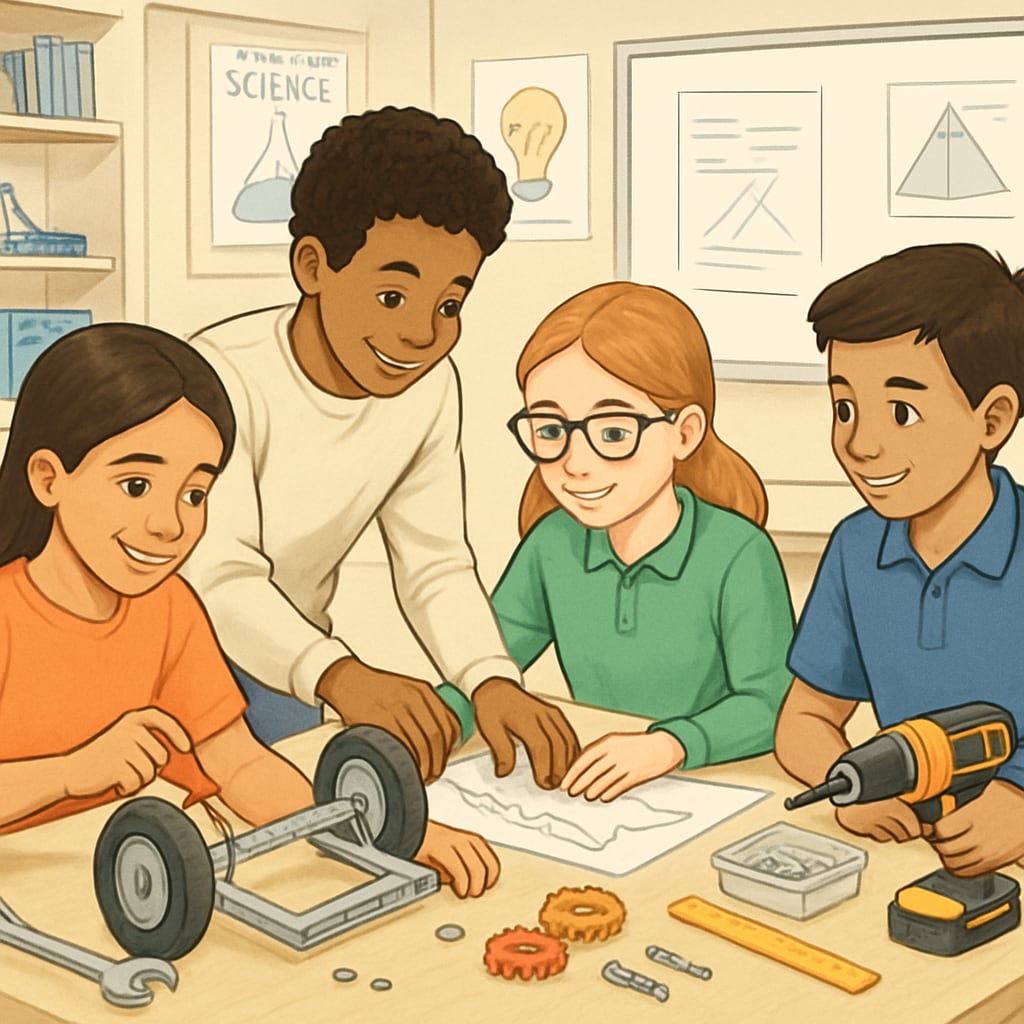 Students in a classroom working on a STEM project related to design engineering.