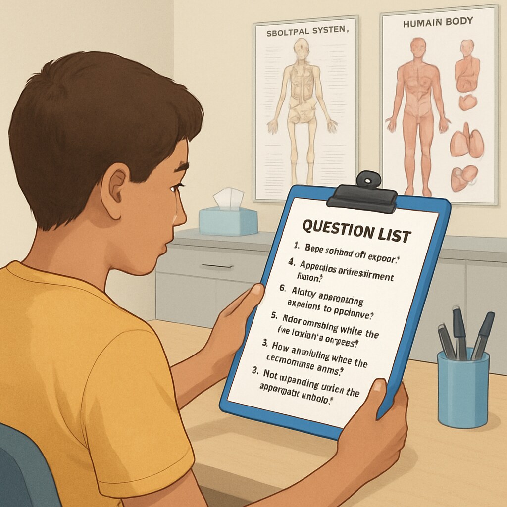 A close-up of a student reviewing their question list while sitting in a medical office. Student preparing for a medical career interview with a list of structured questions.