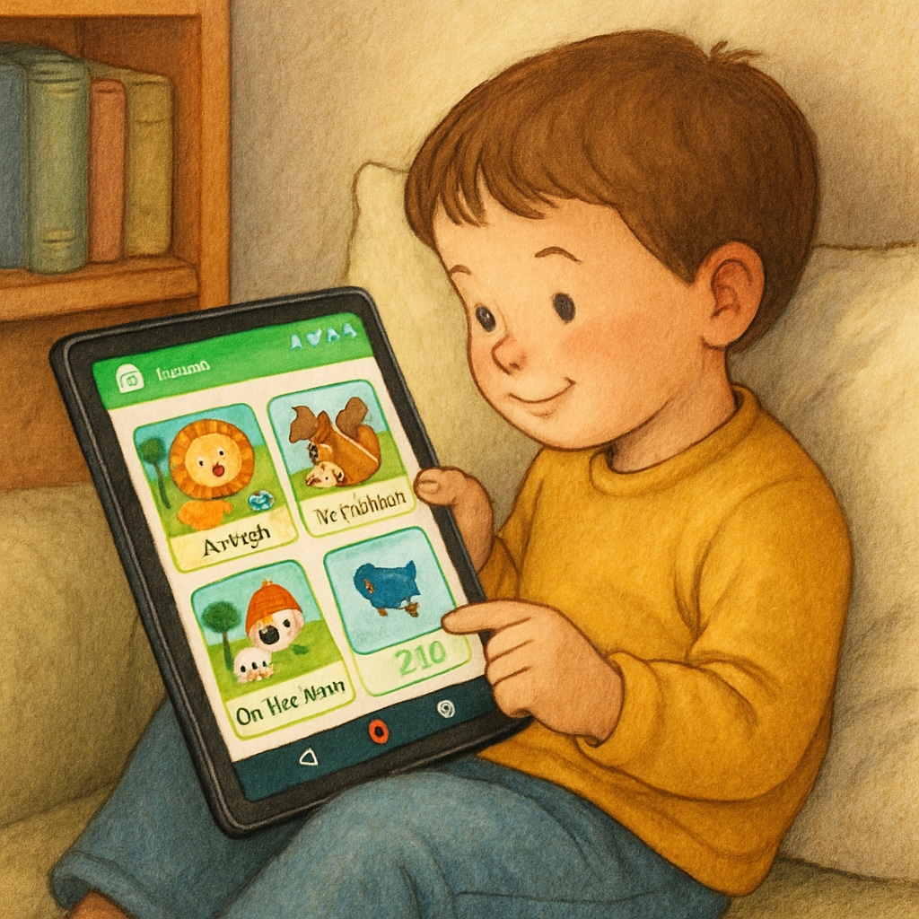 A child testing an Android reading app designed for young readers