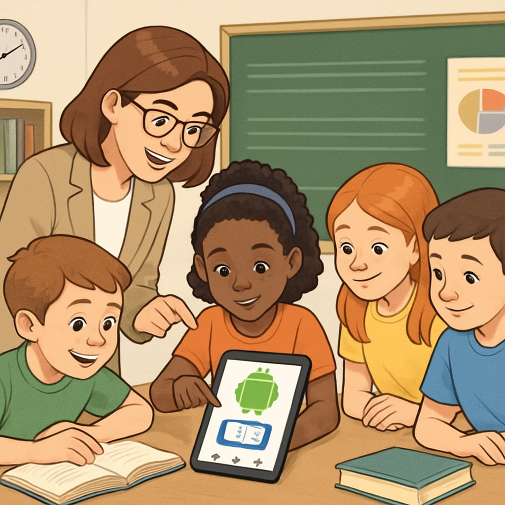 A classroom setting where a teacher and students are using an Android reading app
