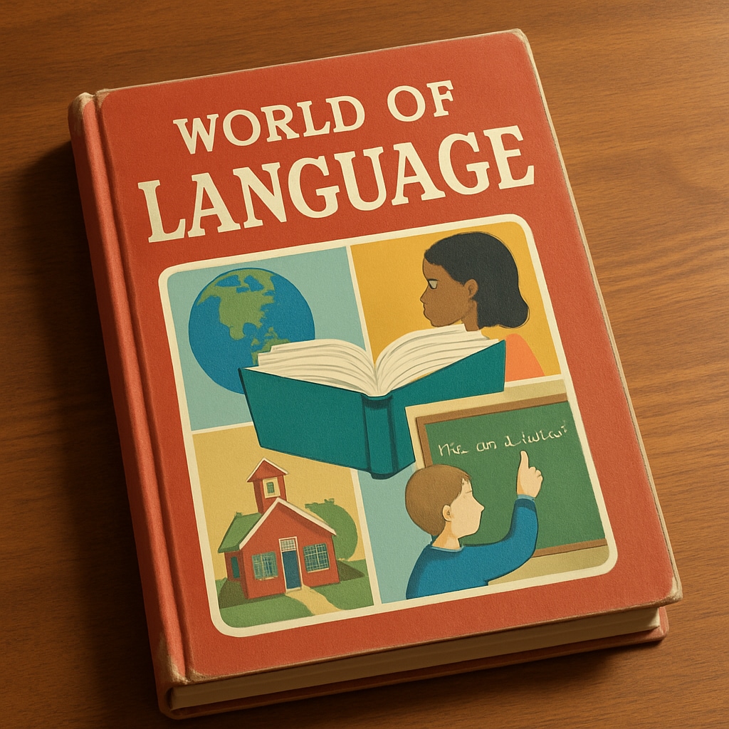 An image of a vintage World of Language textbook on a wooden desk, evoking nostalgia. Vintage World of Language textbook from the 1980s on a desk.
