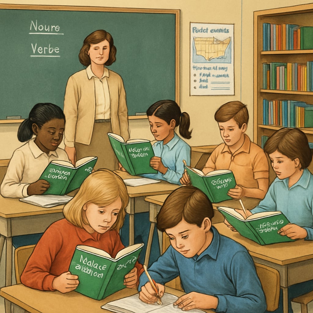 A classroom scene from the 1980s, showing students actively working on exercises from World of Language textbooks. 1980s classroom using World of Language textbooks for group activities.