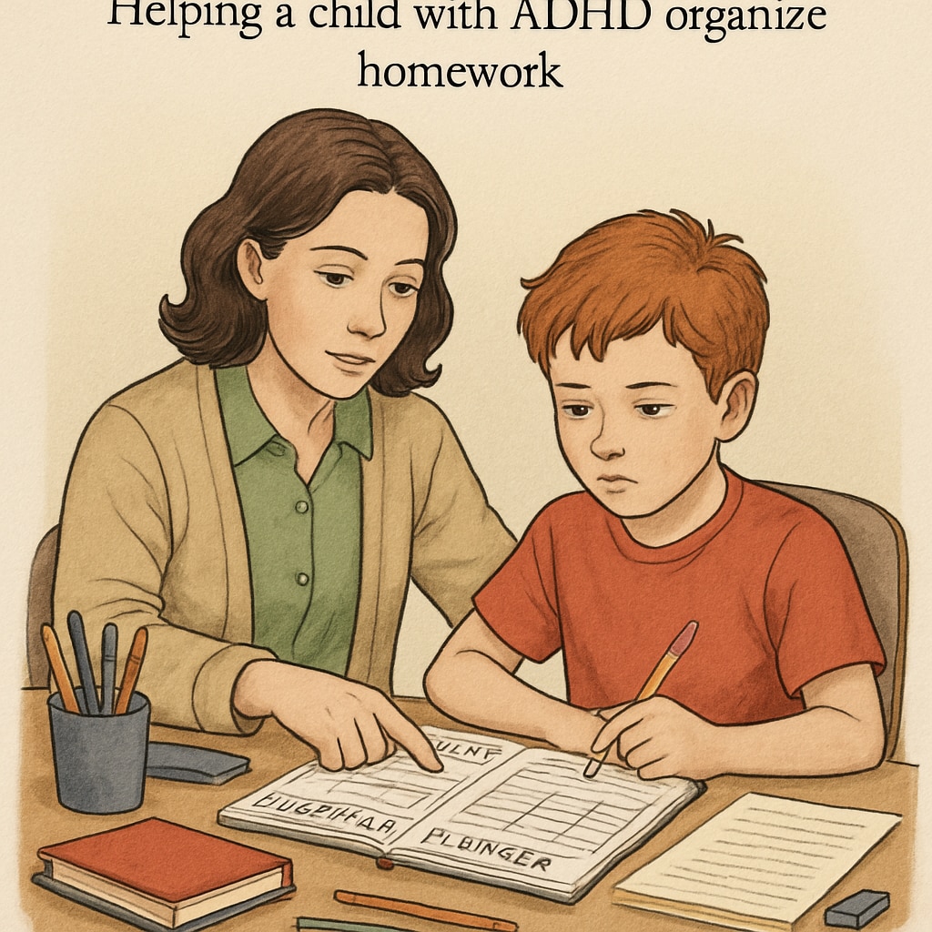 Parent assisting a child with ADHD in organizing homework to build executive function skills.