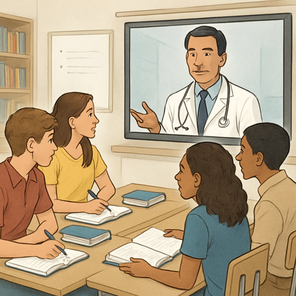 High school students interviewing a doctor about medical career opportunities.