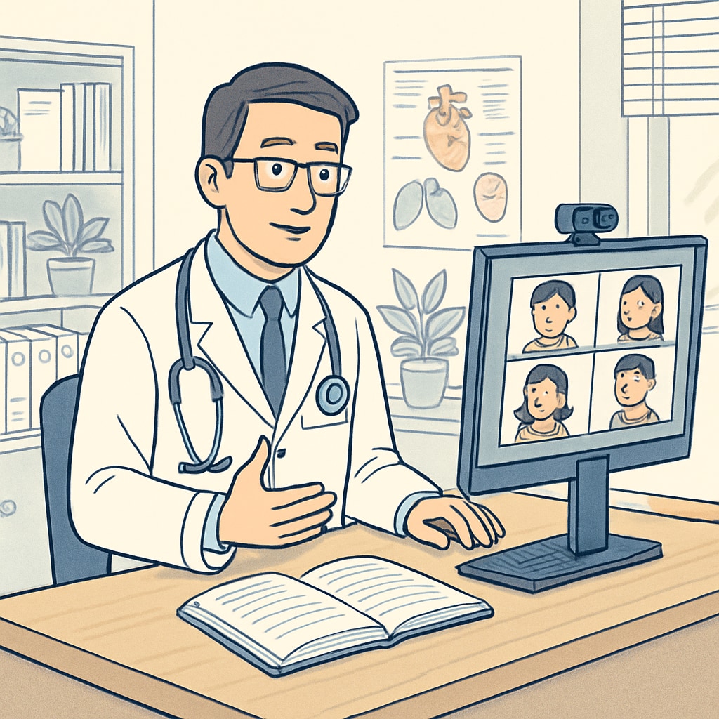 A doctor discussing healthcare careers with students during an online session.