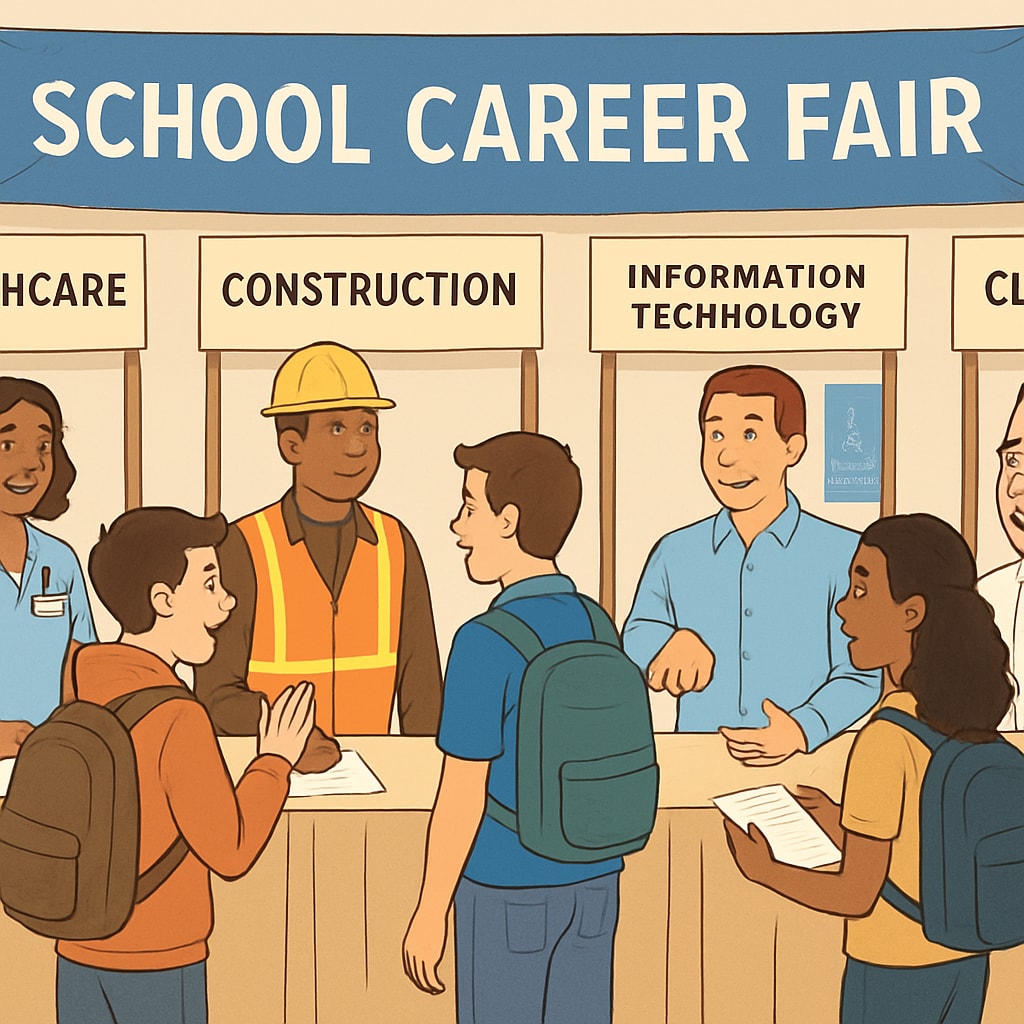 Students at a career fair engaging with industry professionals, highlighting CTE's practical applications.