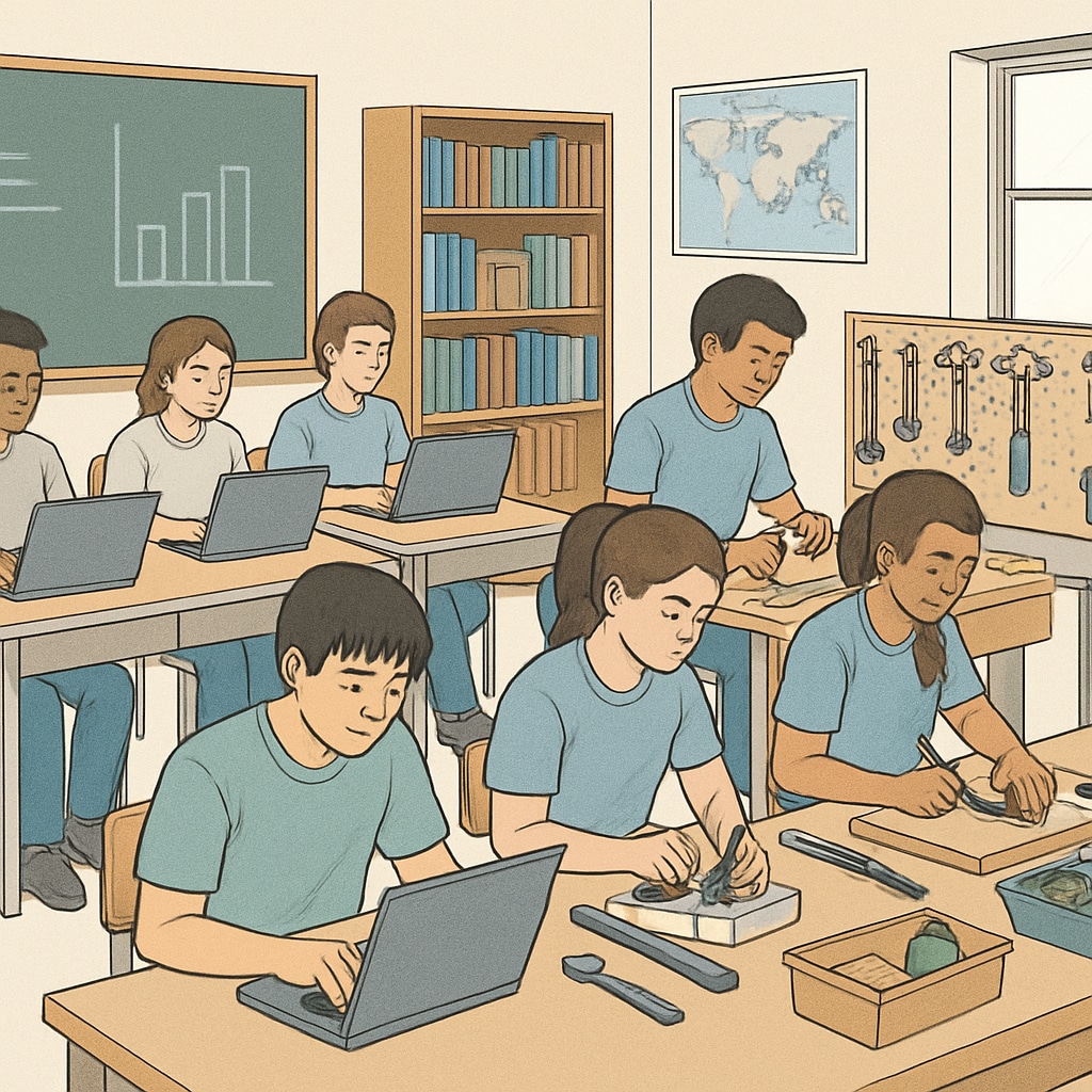 Students in a classroom engaging in both academic and vocational tasks, representing blended learning.