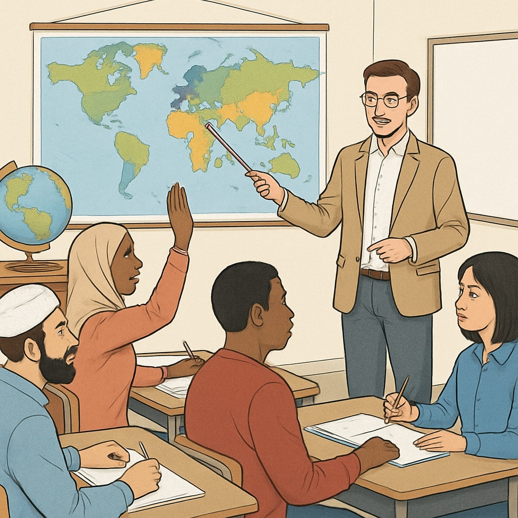 Adult learners in a classroom studying geography, relevant to foundational education and cultural adaptation.