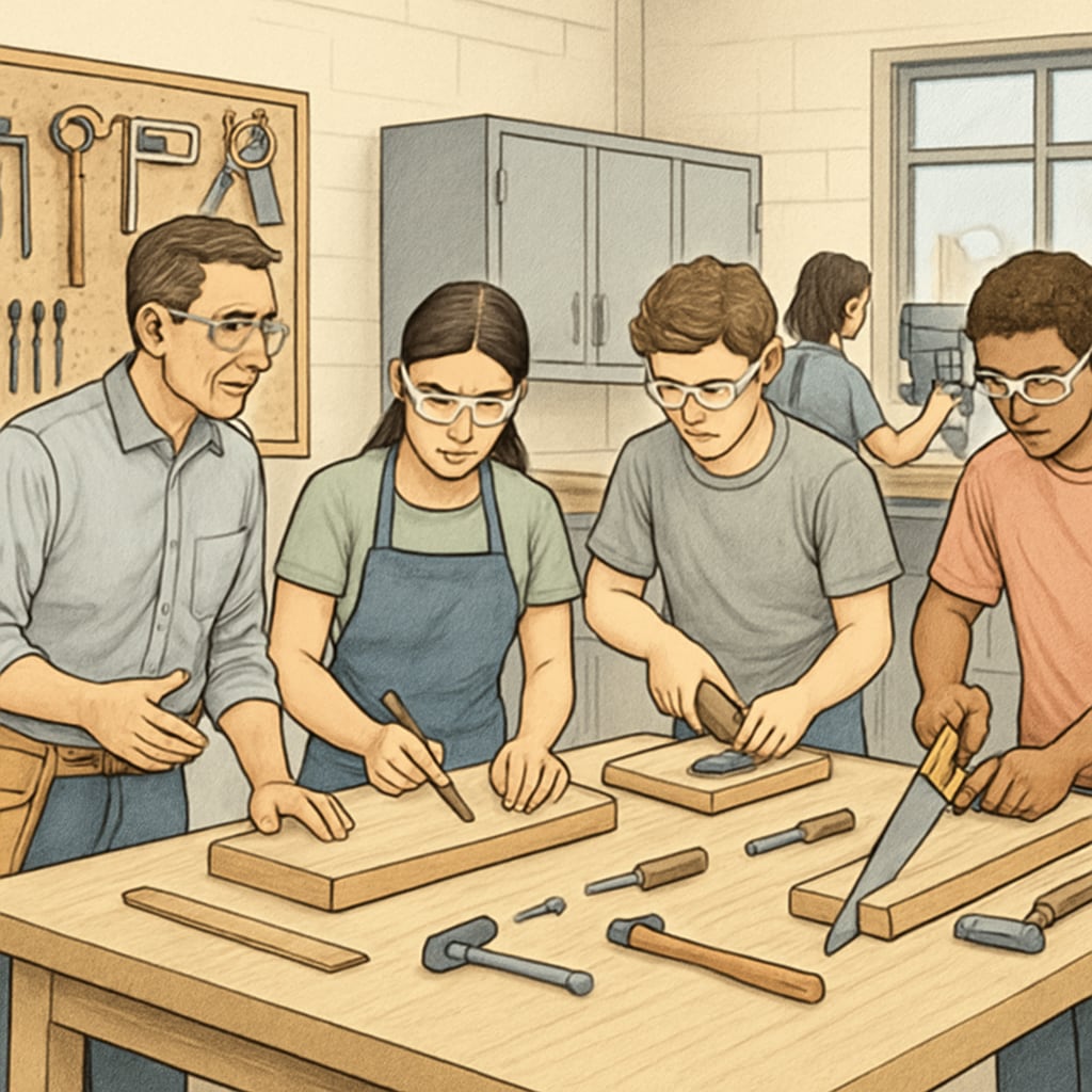 Students in a workshop learning carpentry, representing vocational education in practice.