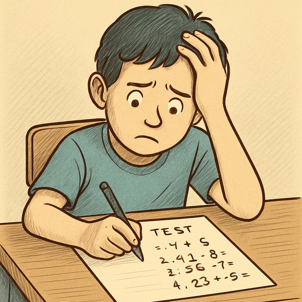 A student experiencing math test anxiety while working on multiple-choice questions.
